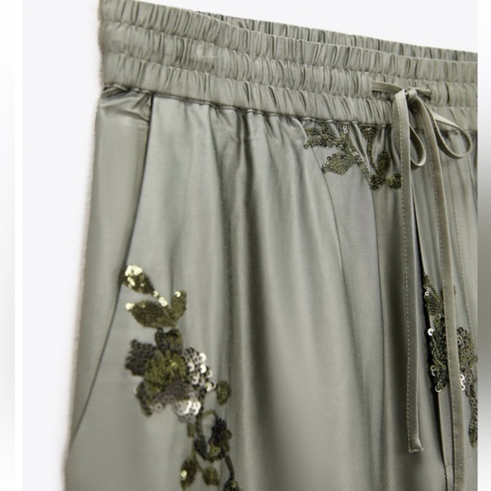 Zara sequin satin effect Embroidered sequin Olive Green Satin Pants NWT XXL - Picture 4 of 10